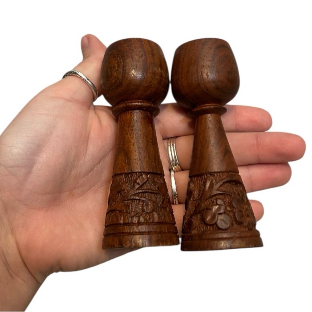 Hand Carved Intricate Floral Wood Made In India 4” Candle Holders - Picture 5 of 5